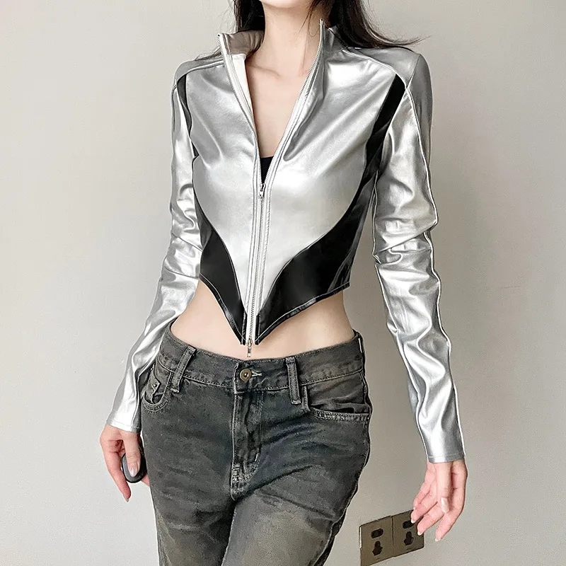 HKSH женские куртки из искусственной кожи в стиле панк контрастного цвета Splici