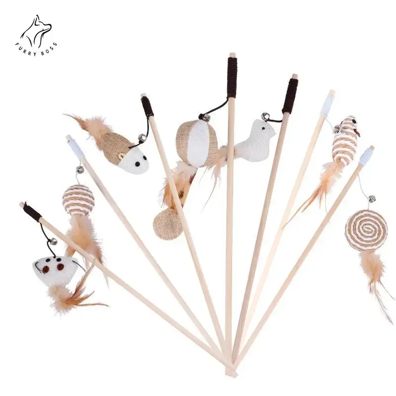 Забавная палочка с кошачьими перьями и колокольчиком играющая в висячие