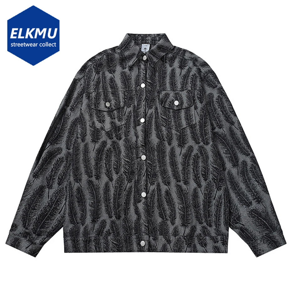 

Vintage Denim Jackets Men's Fashion Streetwear Denim Coats Feather Pattern Hip Hop Harajuku Oversized Men Jeans Jacket