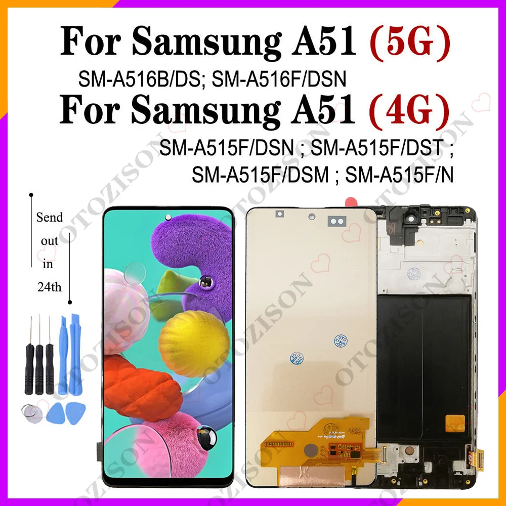 Экран A51 A515F для Samsung Galaxy A51 5G, дисплей A516 A516B, ЖК-дисплей с рамкой A516F/DSN, сменный сенсорный ЖК-экран с цифровым преобразователем в сборе