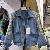 spring autumn women new embroidery hot drilling short denim jacket ladies fashion high end high street solid jeans coat