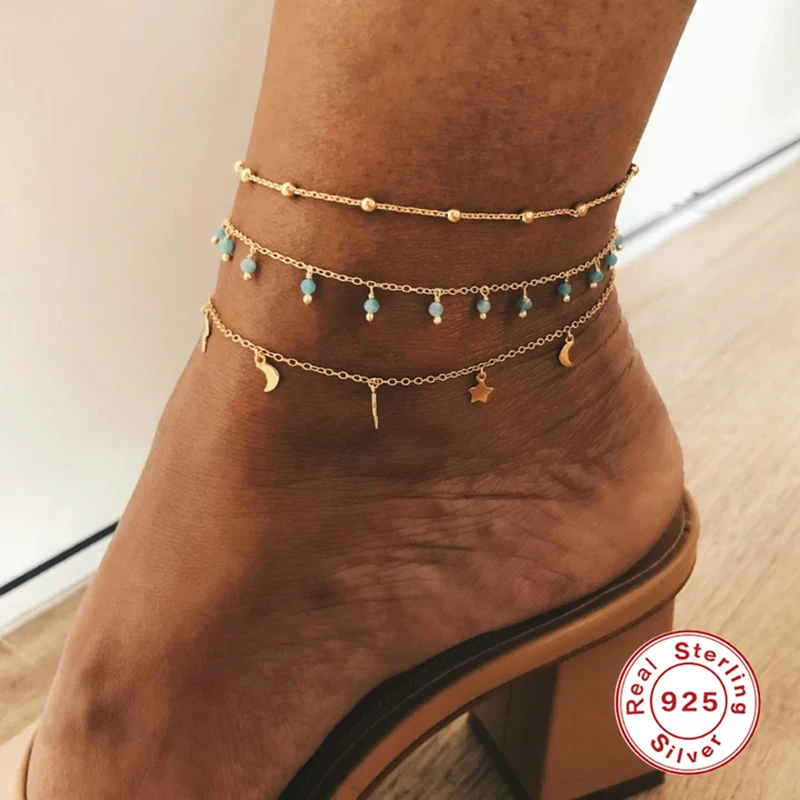 

CANNER Boho Women 925 Silver Ankle Bracelet Set Star Lightning Charm Chain On Foot Leg For Female Summer Beach Anklet Jewelry