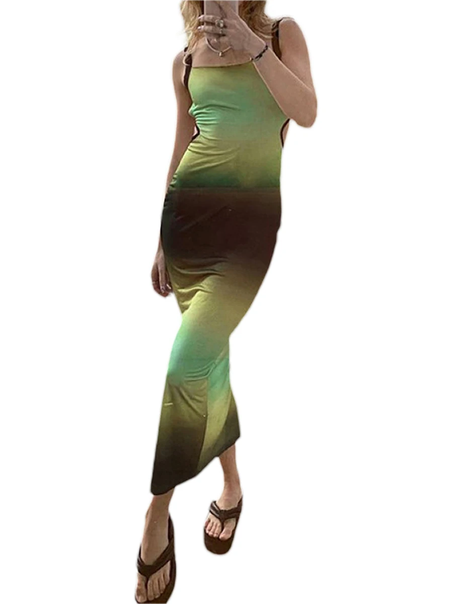 

Women Midi Dress Suspender Sleeveless Cross Tie-up Bandage Open Back Gradient Contrast Color Dresses