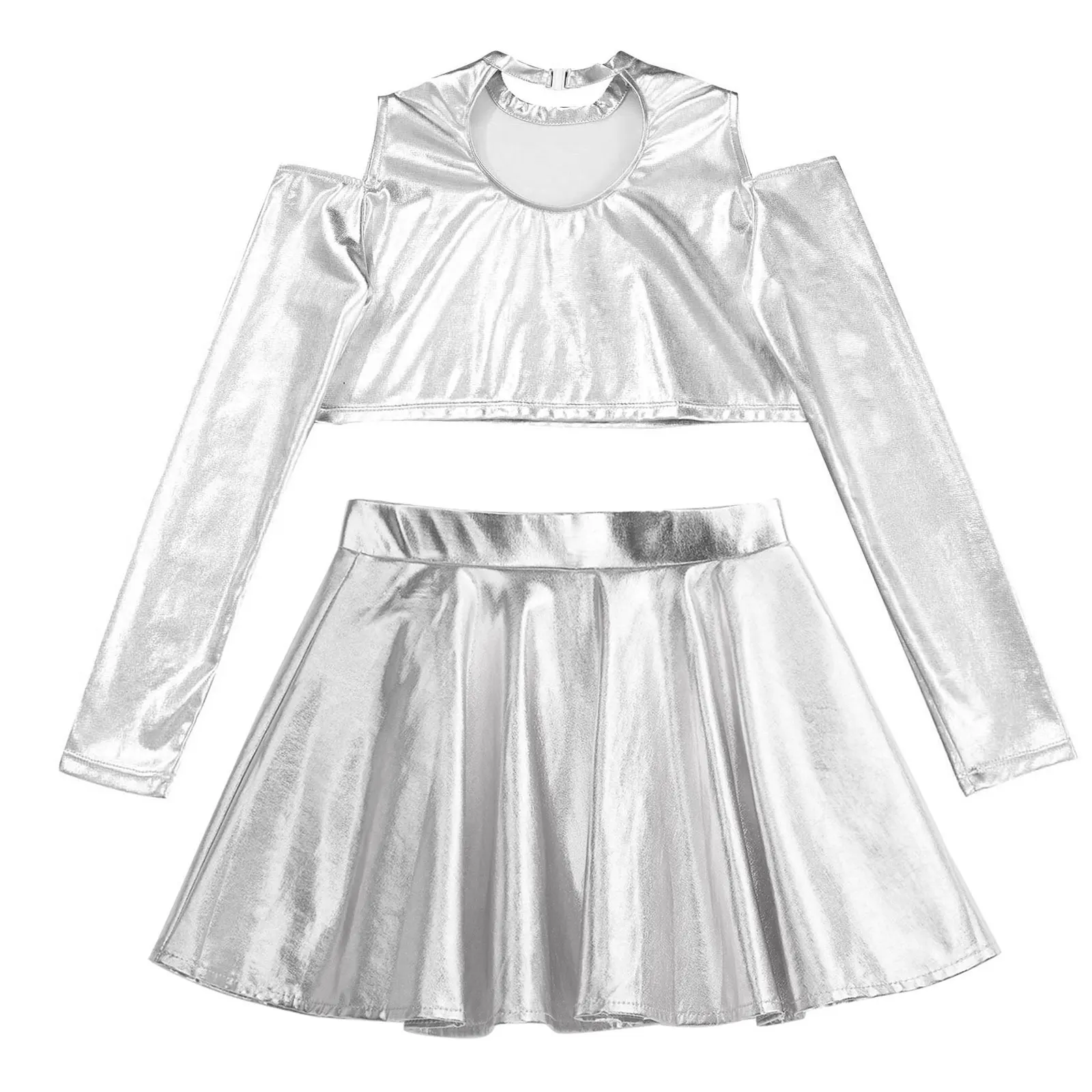 Детский танцевальный костюм для девочек блестящий металлический укороченный