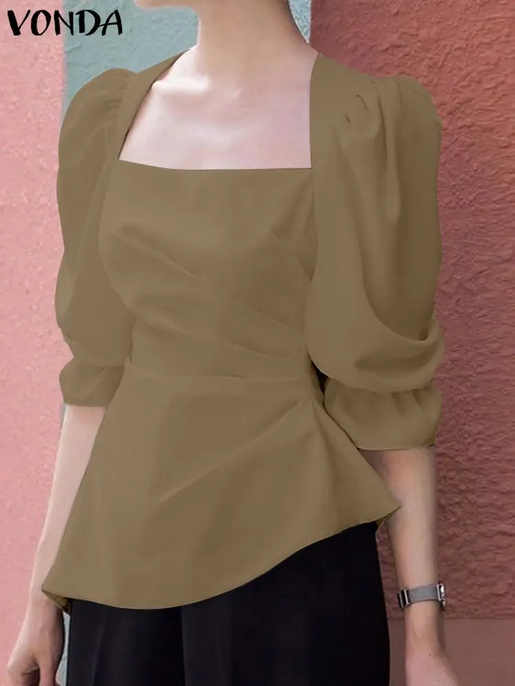 

VONDA Women Summer Tops Fashion Blouses 2023 Sexy Square Collar Flare Sleeve Solid Color Tunic Casual Loose Elegant Blusas Femme