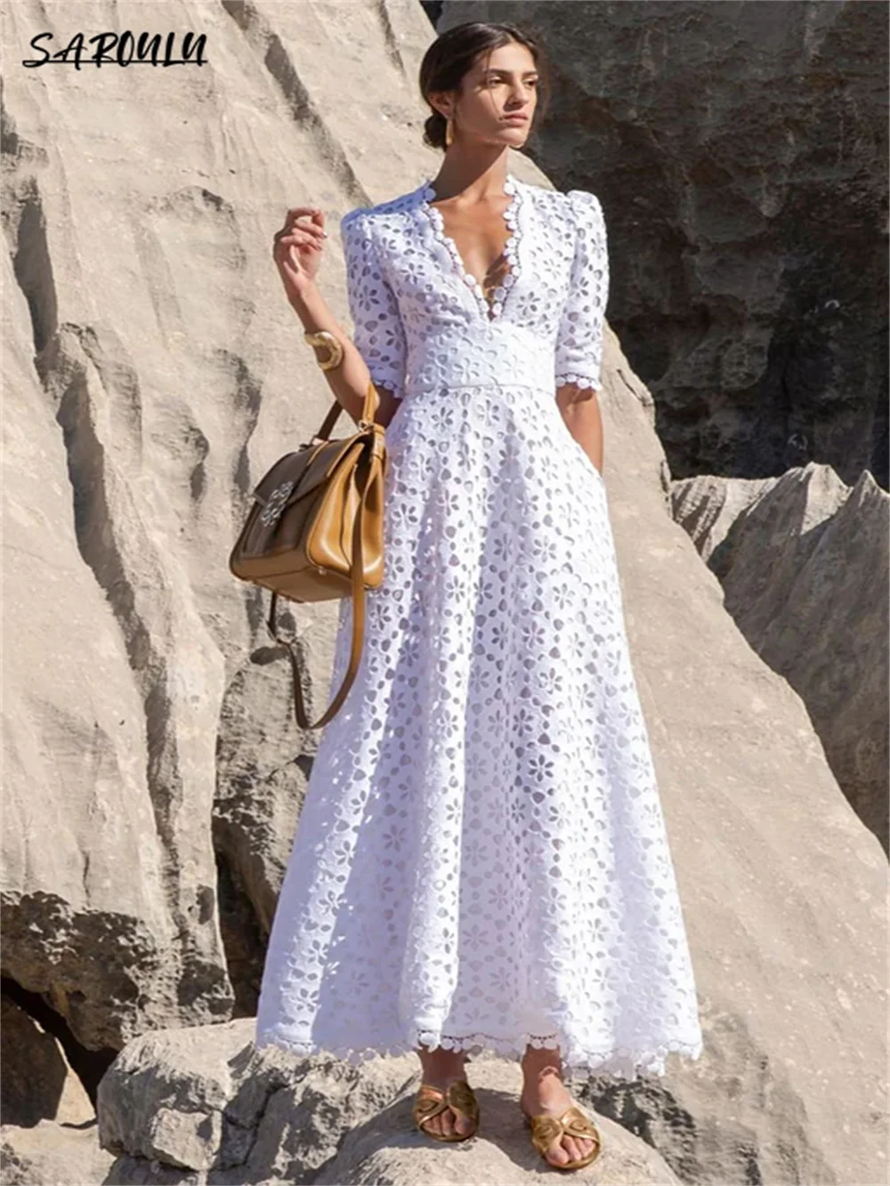 

Beach Deep V-neck Ankle-length Evening Dress Bohemian Lace Cocktail Party Gown Romantic Vestidos De Novia