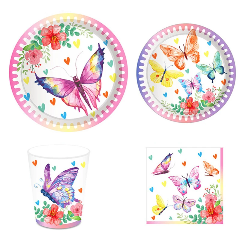 

New Butterfly Party Tableware Pink Plates Cup Napkin Straws Tablecloth Banner Happy Birthday Party Decoration Baby Showers Girls