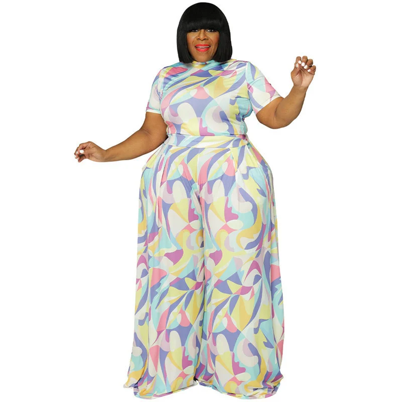 Plus Size 2 Piece Set Women Sets Fashion Short Sleeves Wide Leg Bandage Top Office Ladies Outfits Whol 3xl 4xl 5xl 6xl