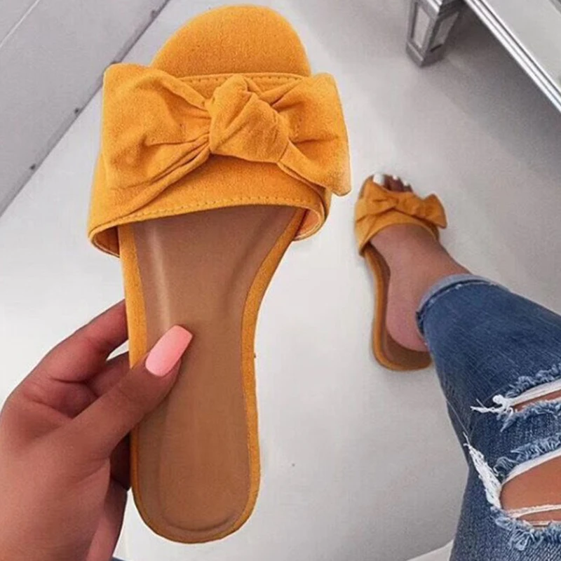 

Women Bowknot Slippers 2021 Woman Flock Flats Female Sewing Beach Slides Ladies Summer Flats Casual Footwear Big Size 36-43