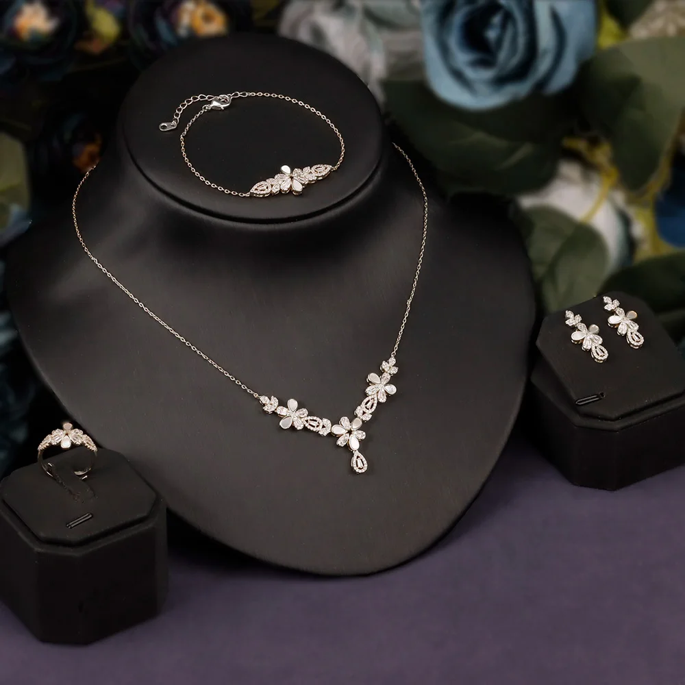 

Bride Talk Necklace Earrings Ring Shiny Cubic Zirconia Crystal Fashion Jewelry Set for Women Wedding New Party Gift