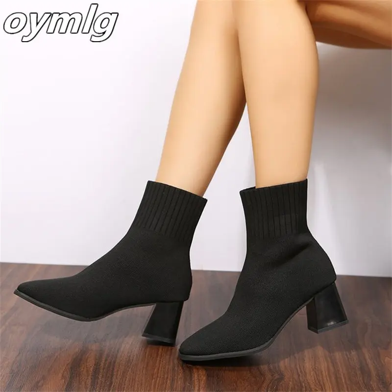 

Женские ботинки, ботинки-носки, новинка осень-зима 2022, на Высоком толстом каблуке, однотонные, с острым носком, тканые короткие сапоги