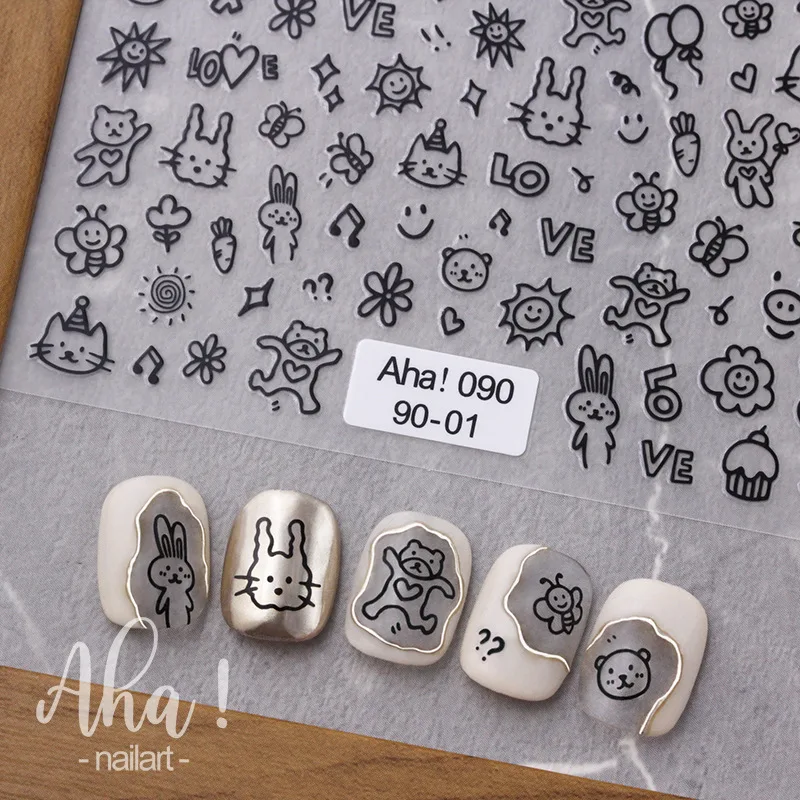 

Cute Graffiti Abstract Little Cat Dog Nail Stickers 3D Ultra-thin Self-Adhesive Sliders Nail Art Decoration Decals DIY Manicure