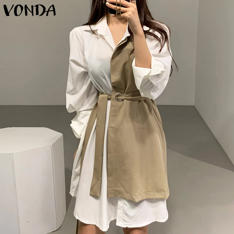 

VONDA Women Spring Long Sleeve Dress Patchwork Dresses Femme Loose Shirt Sundress Oversize Femme Ladies Solid Lapel Collar Robes