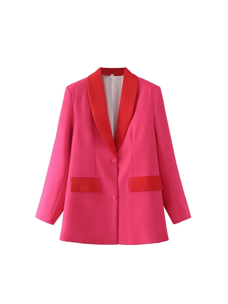 

BM&MD&ZA Women 2022 New Fashion shawl collar the collar Contrasting colors Blazer Coat Vintage Long Sleeve Female Outerwear Chic