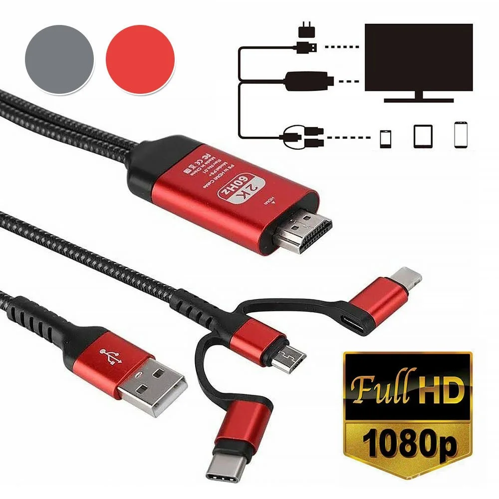

3 in 1 MHL Cable for iPhone HDMI-compatible for Samsung Phone to Projector/TV 2M MHL To HDMI-compatible 1080P HDTV Cable Adapter