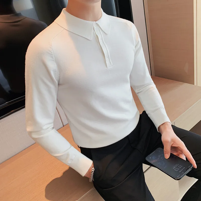 

2022 Spring Business Knit Polos Men's Long Sleeve Solid Color Slim Knitted Pullover Sweater Casual Lapel Tee Tops Male Clothing