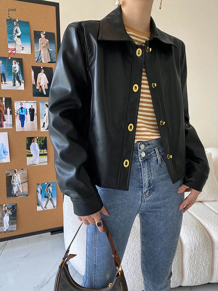 

LANMREM Black Leather Jacket For Women Single Breasted Short Design Niche Autumn 2022 New Female Cool Streetwear Clothing 2R4595