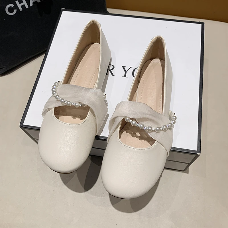 

2022 Summer New Low-heeled Beaded Mary Jane Women's Shoes Fashion and Comfortable Microfiber Round Head Shallow Mouth Ins Style