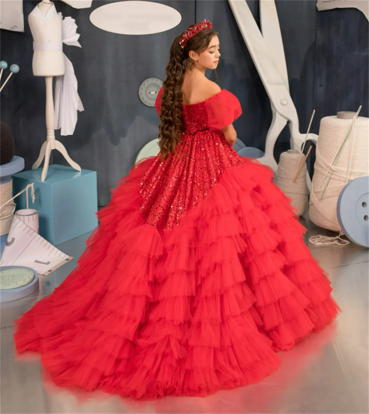 

Flower Girl Dresses for Weddings Red Layered Tulle Sparkle Sequin Princess Kids Evening Party First Communion Pageant Ball Gowns