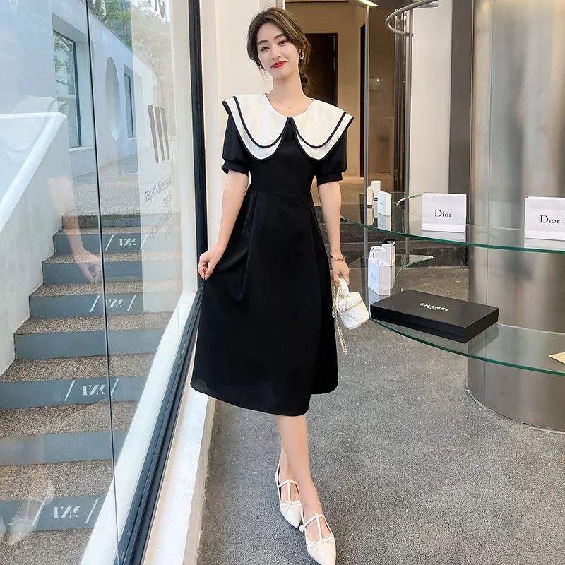 

Summer Chic Hit Color Lapel Neck Vestidos Korean Fashion Puff Short Sleeve Dress Women Temperament High Waist Hip Robe Femme