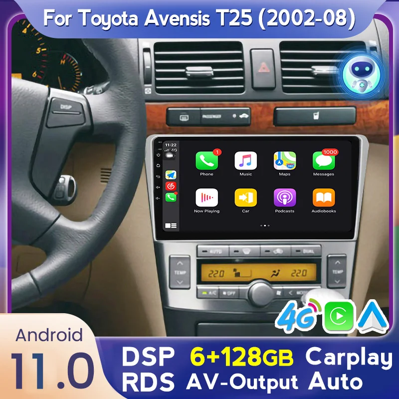 

Автомобильное радио, 9 дюймов, 6G + 128G, Android 11, стерео, для Toyota Avensis T25 2 II 2002-2008, мультимедиа, DVD плеер, навигация, GPS, IPS экран