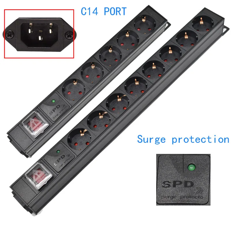 

PDU Power Strip Distribution Cabinet 2-10 Way German Socket Break Switch Aluminum alloy shell C14 port Surge protection