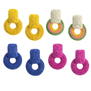 2022 Trend Summer Beach Handmade Straw Drop Earrings Statement Raffia Round Geometric Dangle Earrings for Women Girls