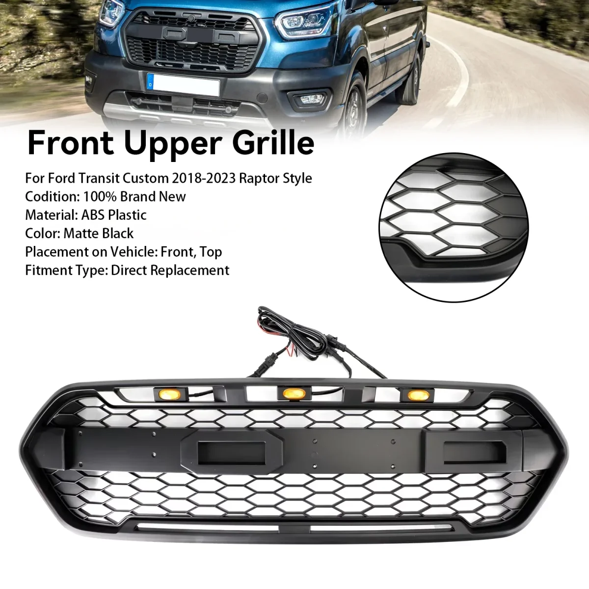 Передний бампер в стиле Raptor, центральная решетка, сетчатая сотовая гоночная решетка радиатора для Ford Transit Custom Trail с 3 светодиодами 2018-2023
