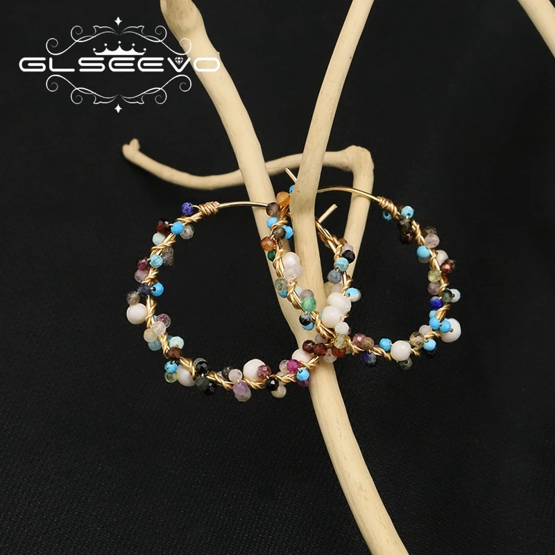 

GLSEEVO Natural pearls Colored Stone Women's Big Earrings Winding Design Vintage Trend Jewelry Anniversary Gift