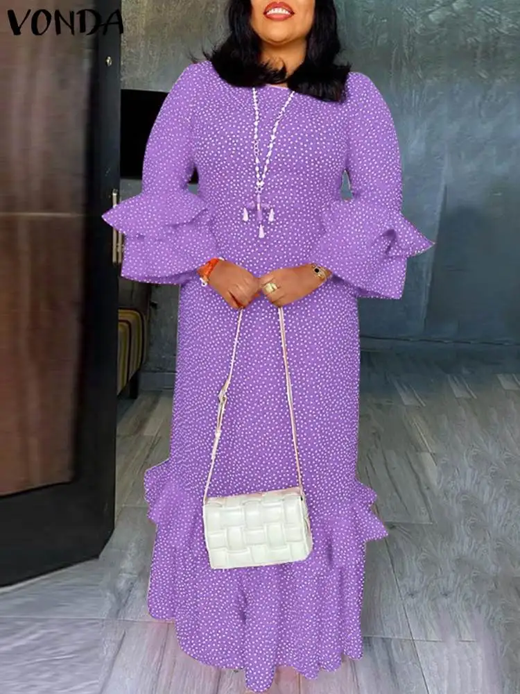 

Богемный женский летний Повседневный свободный сарафан VONDA с круглым вырезом, длинным рукавом и оборками, вечернее длинное платье макси, са...