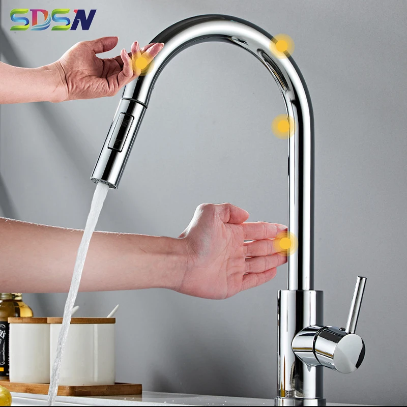 Chrome Touch Kitchen Faucets Stainless Steel Kitchen Fixture Hot Cold Pull Out Kitchen Mixer Tap Sensor Touch Kitchen Faucet Tap