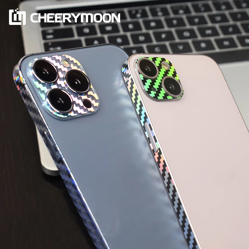 

Frame+Camera+Logo Stickers Fantasy Carbon Fiber Wrap Skin For iPhone 14 13 12 11 Pro Max Mini Cover Protector Side Border Film