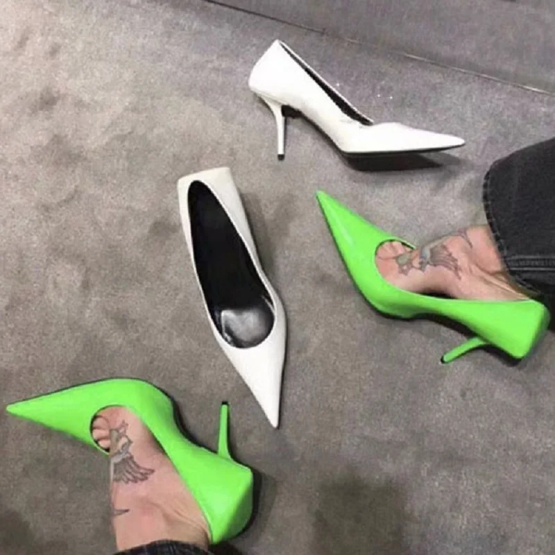

Women Fluorescent Green Color Pointed Toe Tin Heel Pumps Sexy Fashion Street Stars Footware Ins High Heeled Shallow Shoes