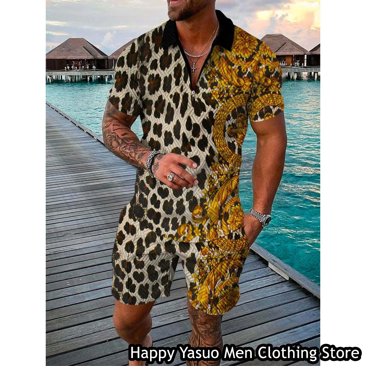 Luxury Summer Set Of Polo Shirt For Men 2 Pieces Vintage Tiger Tracksuit Casual Outfit High-End Short Sleeve Zipper Clothing