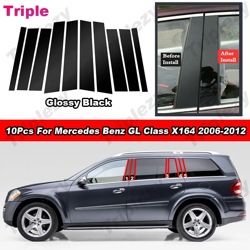 

Глянцевое пианино для Mercedes Benz GL Class X164 2006-2012, 10 шт., черное покрытие из поликарбоната, столб, отделка двери, украшение окна