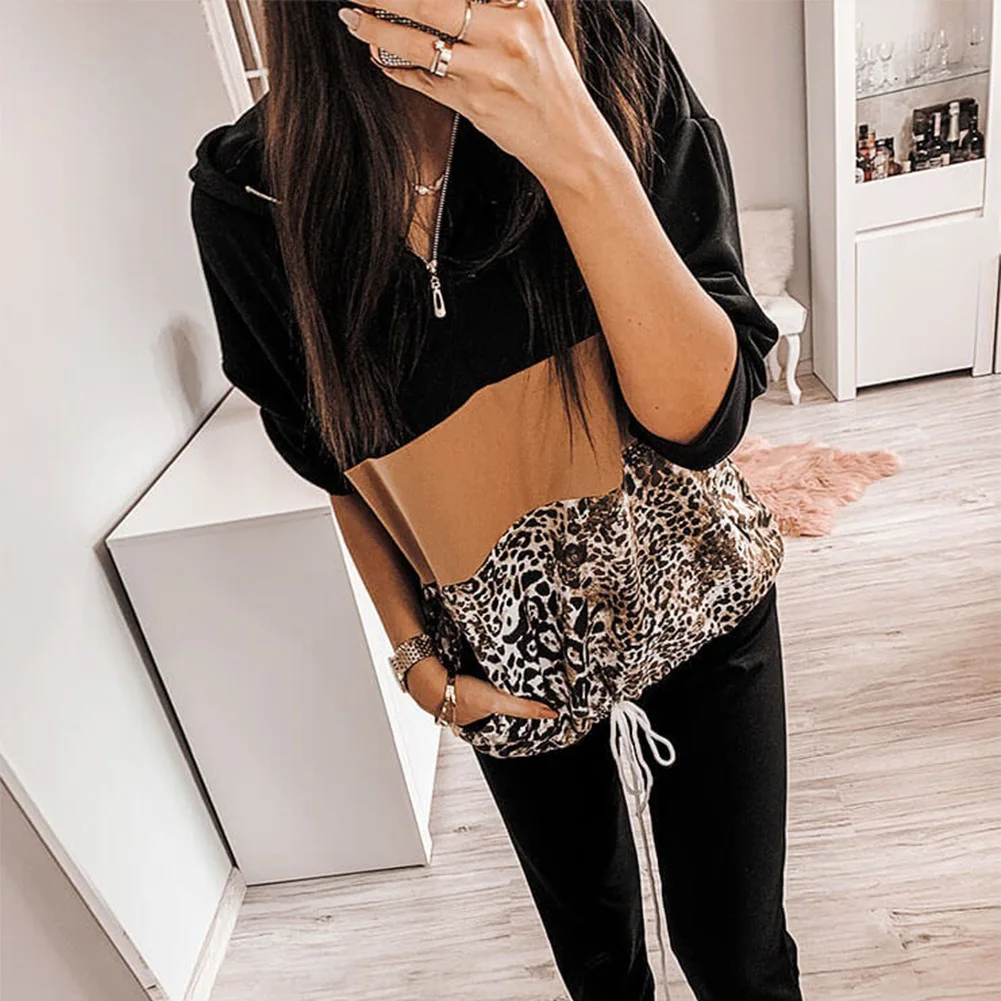 

New Fashion Warm Leopard Print Women Splicing Pullover Hoodies Comfortable Loose Long Sleeve Zipper Hooded Sweatshirts