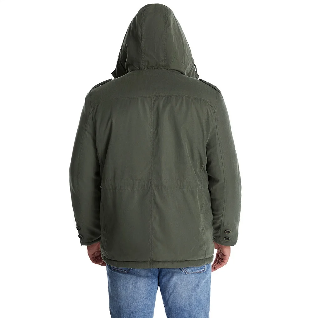 Mid Length Faux Plush Inner Warm Hooded Jacket Men Plus Size Thick Multi-pocket Casual Winter Coat Removable Hooded Parka