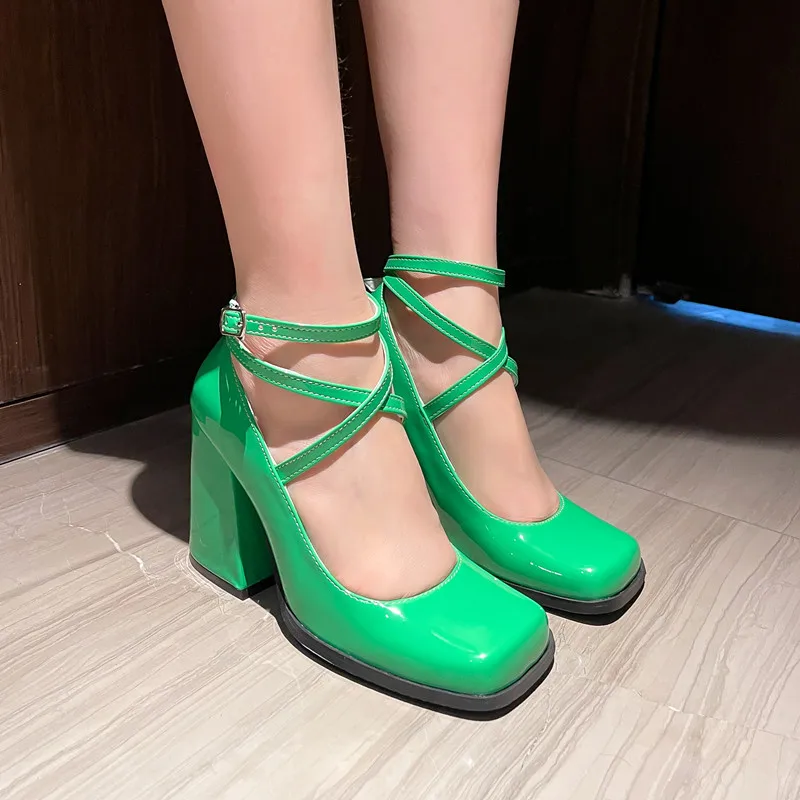 MKKHOU Fashion Pumps New Patent Leather Square Toe Ankle Cross Buckle Pumps Mary Janes Commuting Daily All-match