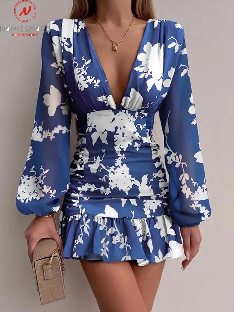 

Retro Women Flower Print A-Line Dress Shrinkage Design Zipper Ruffles Decor Deep V Lantern Sleeve High Waist Slim Hips Dress