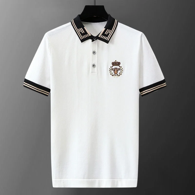 

2023 Summer Men Short Sleeve Polo Letter Embroidery Lapel Top Korean Slim Knit High Quality Tee Shirt Camisa Hombre