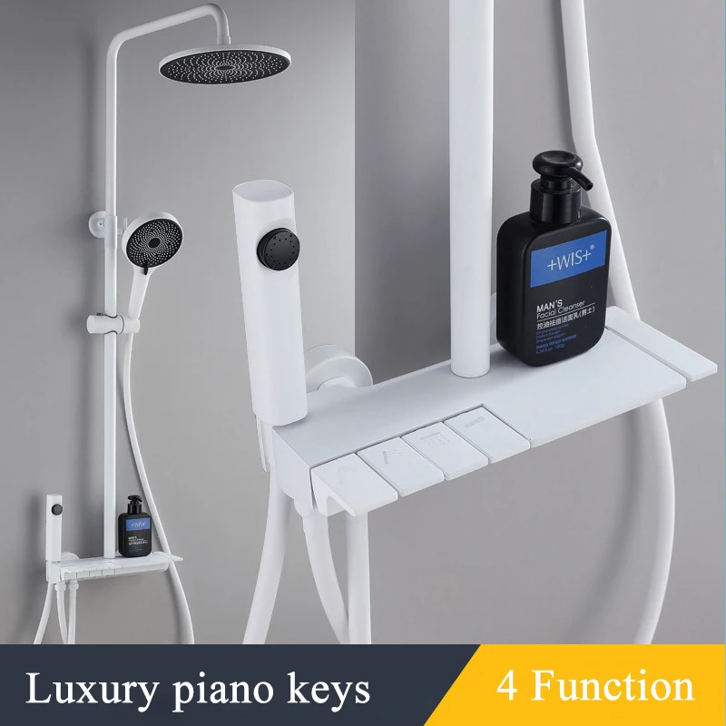 

Luxury Piano Key Round Bathroom Shower Faucet Rainfall Shower 4 Function Brass Wall Mount Cold Hot Water Mixer Bathing Crane