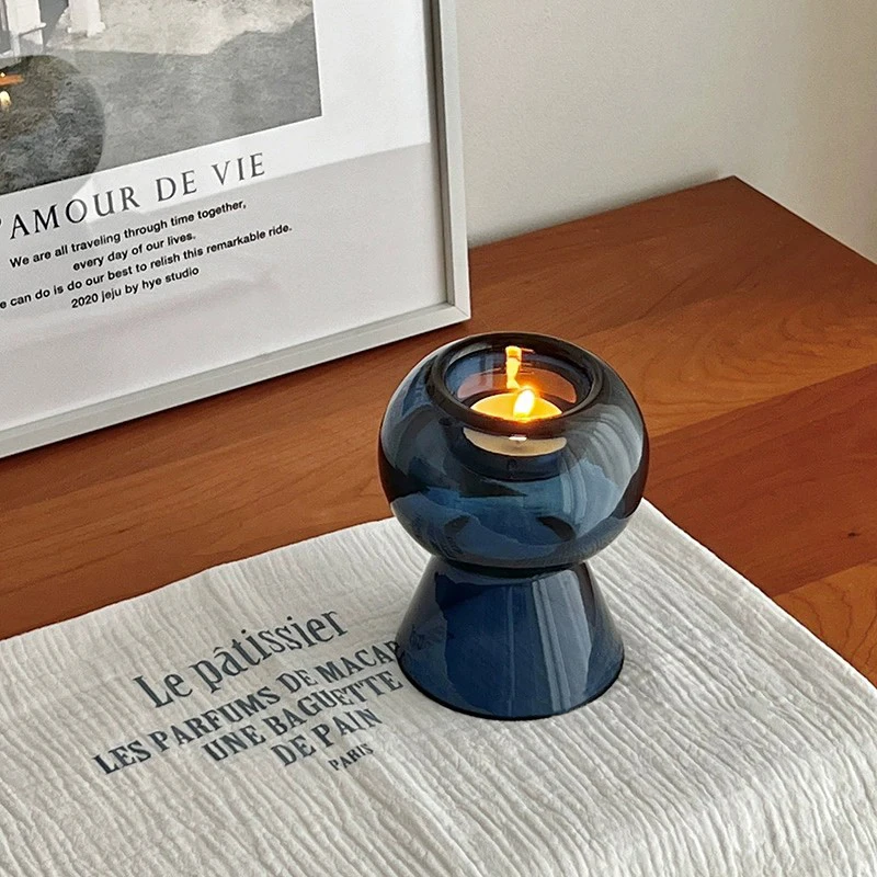 

Blue Glass Candlestick Office Luxury High-grade Decorative Glass Vase Ornaments Aromatherapy Candle Pedestal Terrarium Ornaments