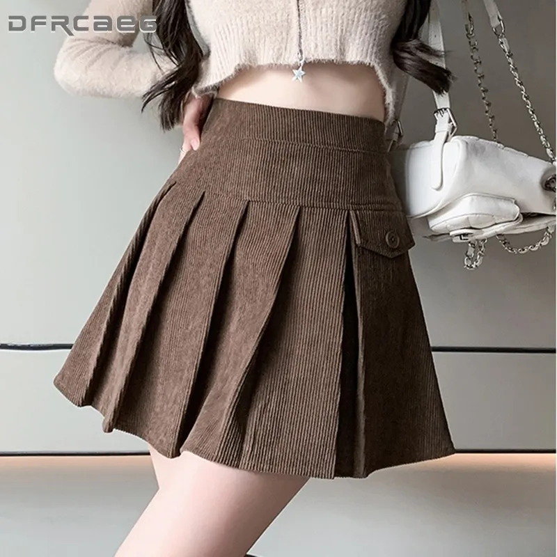 

Khaki American Vintage Corduroy Short Pleated Skirts Woman 2023 Autumn Winter Casual Y2k Kawaii School Saias Female