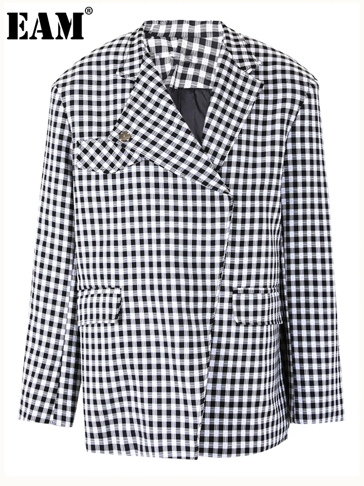 

[EAM] Loose Fit Black Plaid Big Size Casual Jacket New Lapel Long Sleeve Women Coat Fashion Tide Spring Autumn 2023 CPG0477