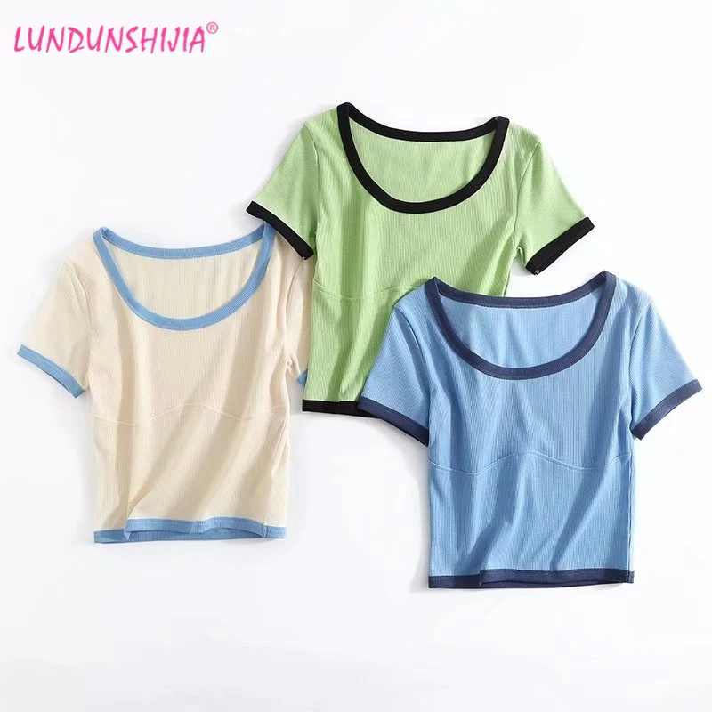 Модный повседневный укороченный топ LUNDUNSHIJIA контрастных цветов лето 2022 Женская