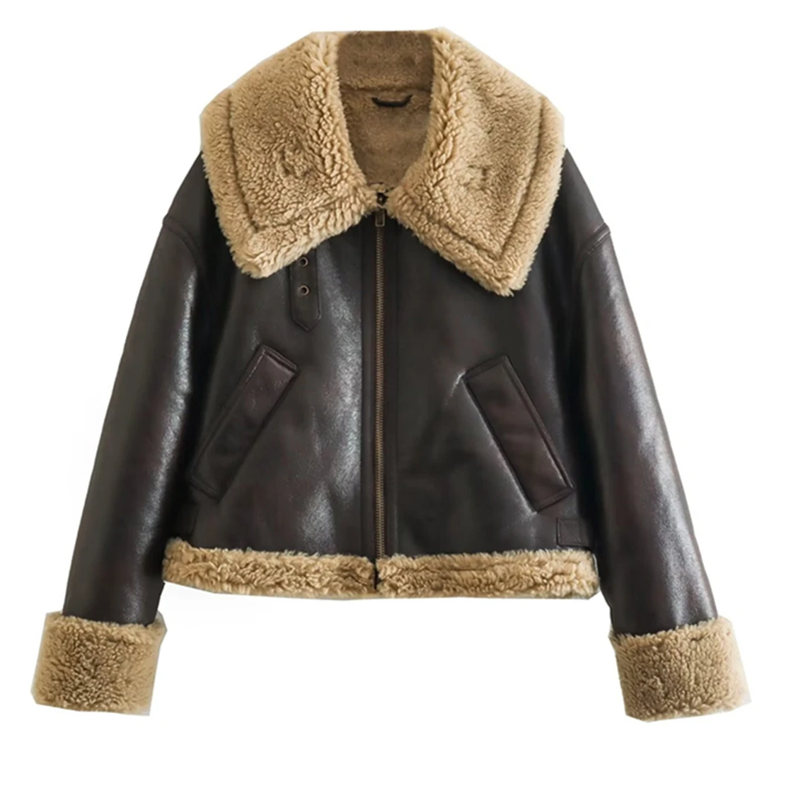 Maxdutti American Retro Coat Women Cashmere Warm Leather Jacket With Belt Loose