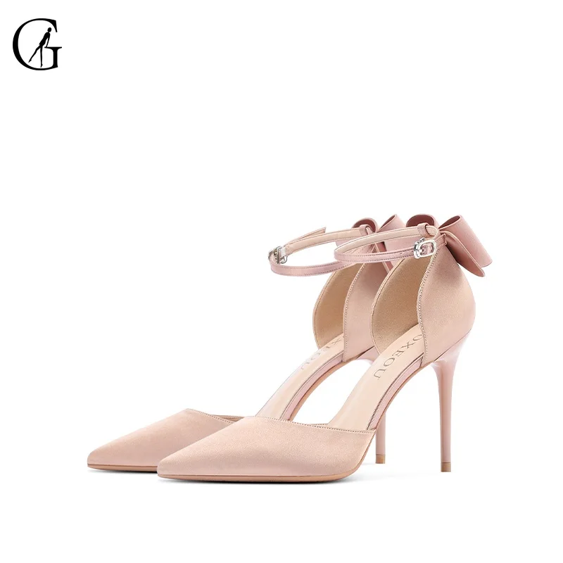 

GOXEOU Women High Heels Satin Pointed Toe Pumps With Bow Ladies Dress Party Wedding Bridal Ankle Buckle Shoes Size 32-46
