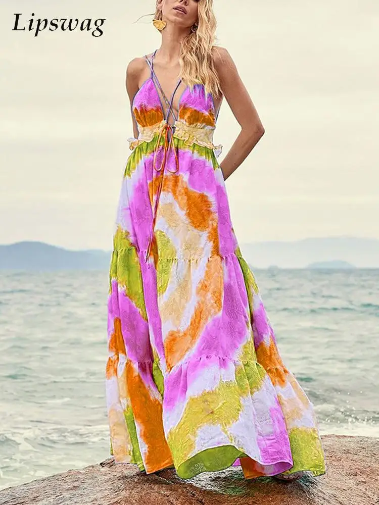 

Fashion Colorful Tie-dye Loose Maxi Dresses Women Deep V Neck Sling Sexy Beach Dress Lady Elegant Off Shoulder Long Party Dress