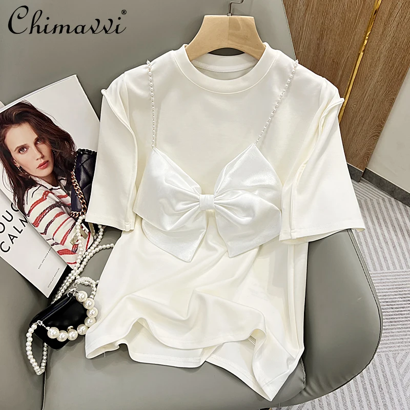 

Женская футболка с трехмерным бантом, Повседневная облегающая футболка с круглым вырезом и коротким рукавом, украшенная бусинами и цепочками, весна-лето 2022