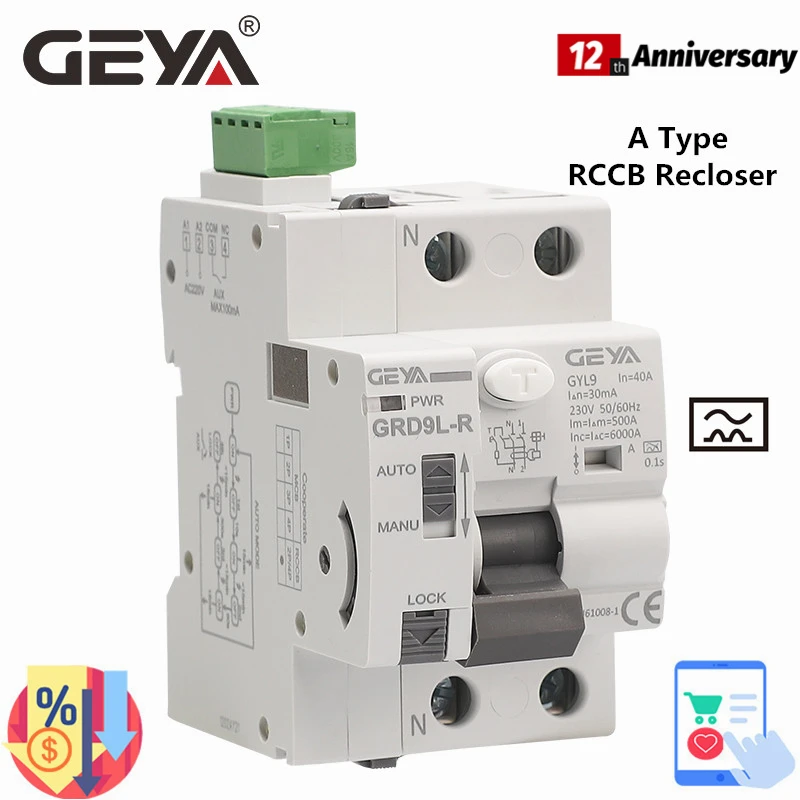 GEYA Type A RCD Auto Recloser Modular Circuit Breaker 40A 63A 30mA 100mA 300mA Safety Switch 220V